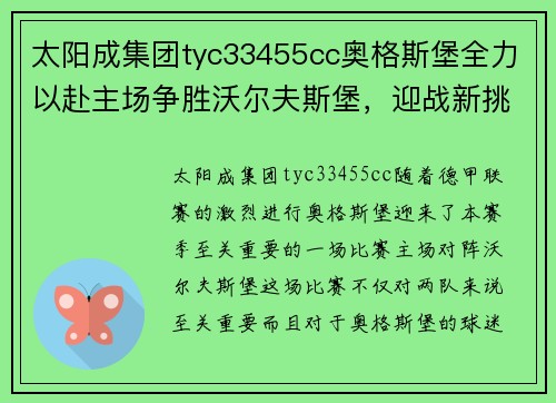 太阳成集团tyc33455cc奥格斯堡全力以赴主场争胜沃尔夫斯堡，迎战新挑战 - 副本